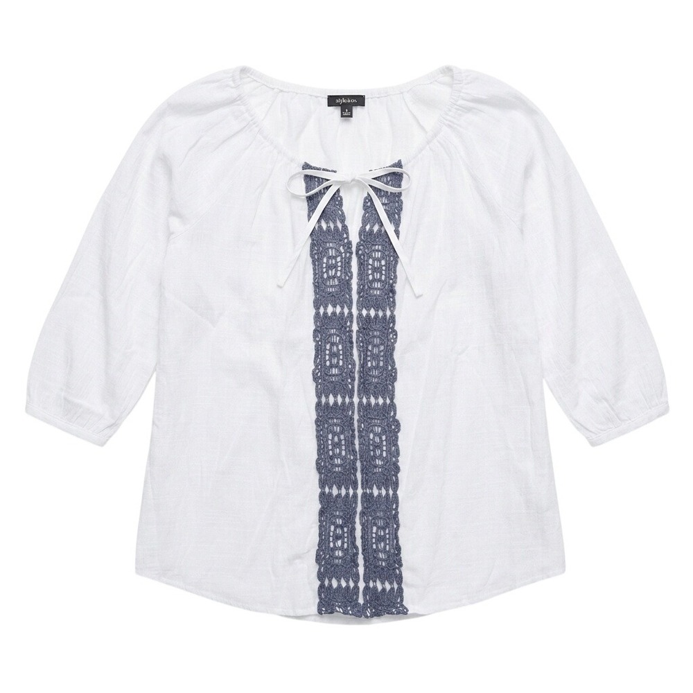 Spense White Crochet Trim Tie Neck 3/4 Sleeve Tunic Top Size M New